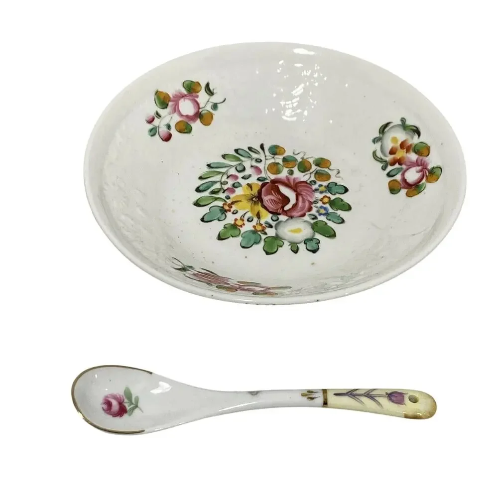 Hand painted white ceramic sauce bowl & spoon mayo dip dish condiment server